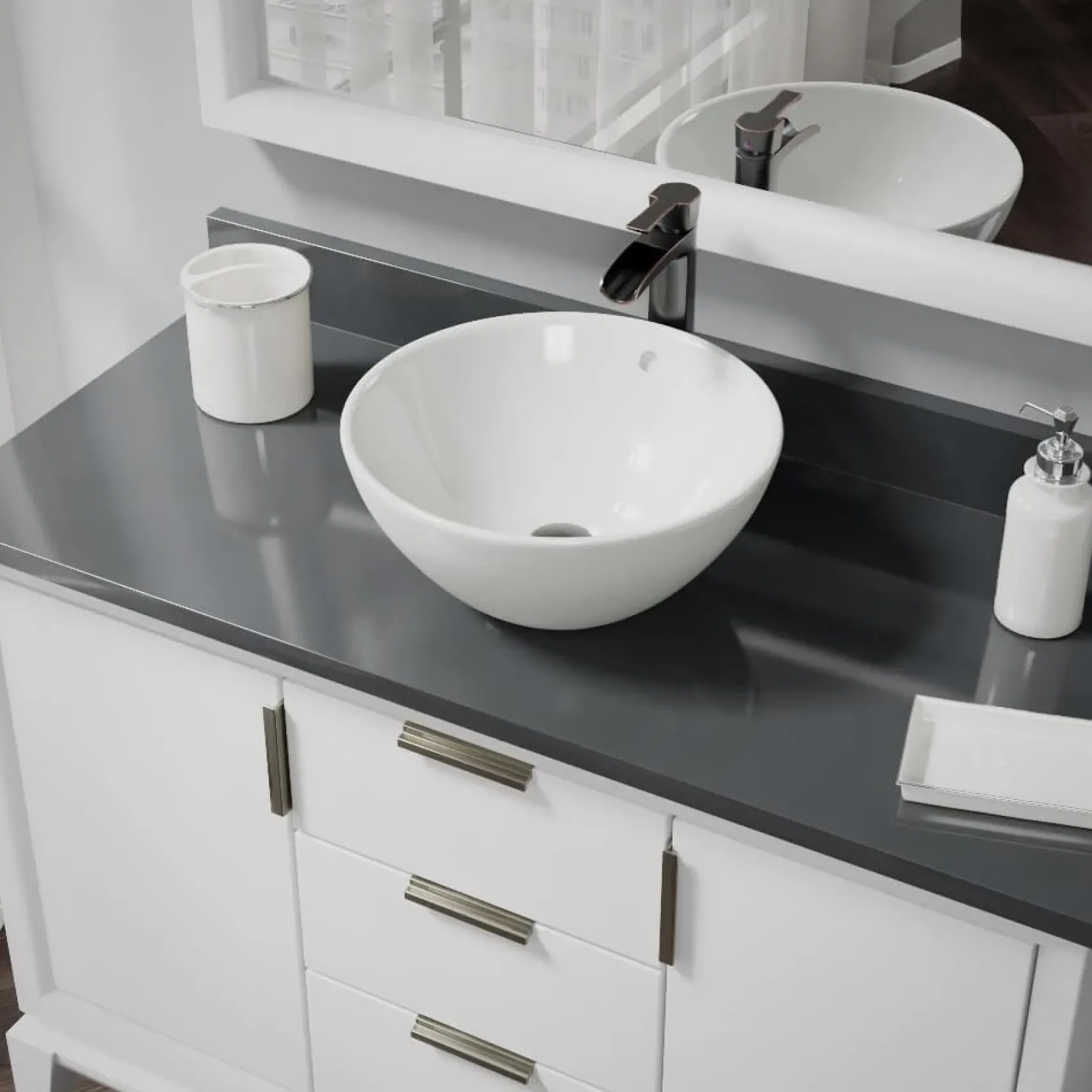 Rene 16" Round Porcelain Bathroom Sink, Biscuit, with Faucet, R2-5031-B-R9-7007-ABR