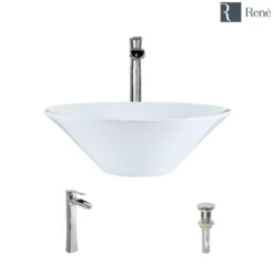 Rene 17" Round Porcelain Bathroom Sink, White, with Faucet, R2-5015-W-R9-7007-C