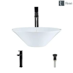 Rene 17" Round Porcelain Bathroom Sink, White, with Faucet, R2-5015-W-R9-7003-ABR