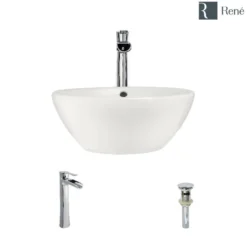 Rene 16" Round Porcelain Bathroom Sink, Biscuit, with Faucet, R2-5031-B-R9-7007-C