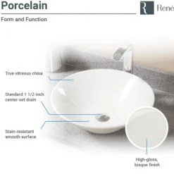Rene 17" Round Porcelain Bathroom Sink, Biscuit, with Faucet, R2-5015-B-R9-7003-BN