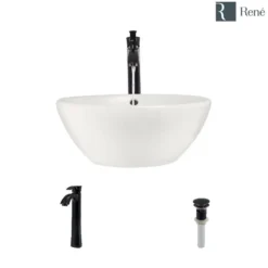 Rene 16" Round Porcelain Bathroom Sink, Biscuit, with Faucet, R2-5031-B-R9-7006-ABR