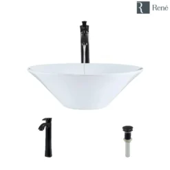 Rene 17" Round Porcelain Bathroom Sink, White, with Faucet, R2-5015-W-R9-7006-ABR