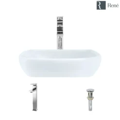 Rene 17" Round Porcelain Bathroom Sink, White, with Faucet, R2-5011-W-R9-7003-C