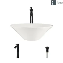 Rene 17" Round Porcelain Bathroom Sink, Biscuit, with Faucet, R2-5015-B-R9-7006-ABR