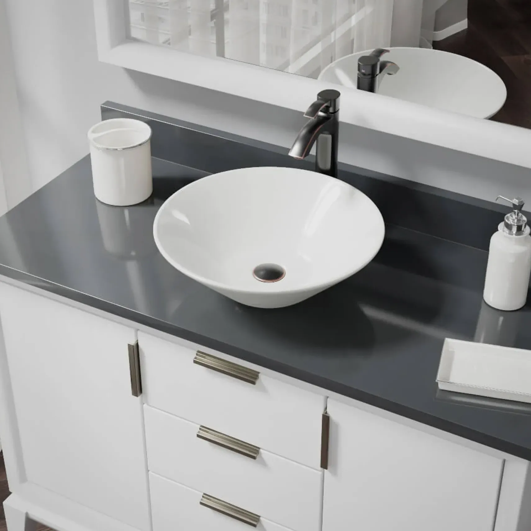 Rene 17" Round Porcelain Bathroom Sink, Biscuit, with Faucet, R2-5015-B-R9-7006-ABR