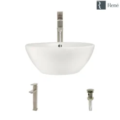Rene 16" Round Porcelain Bathroom Sink, Biscuit, with Faucet, R2-5031-B-R9-7003-BN