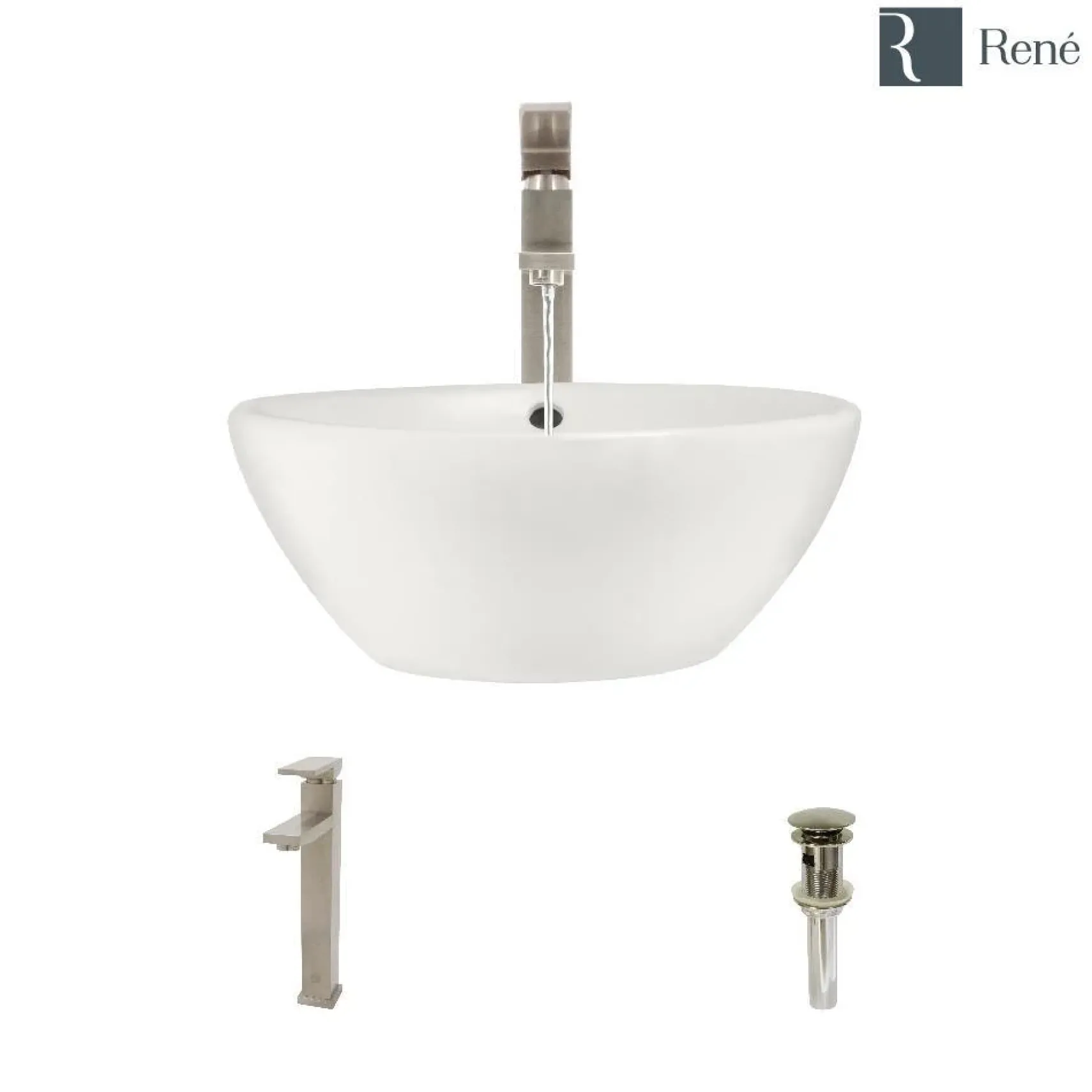 Rene 16" Round Porcelain Bathroom Sink, Biscuit, with Faucet, R2-5031-B-R9-7003-BN