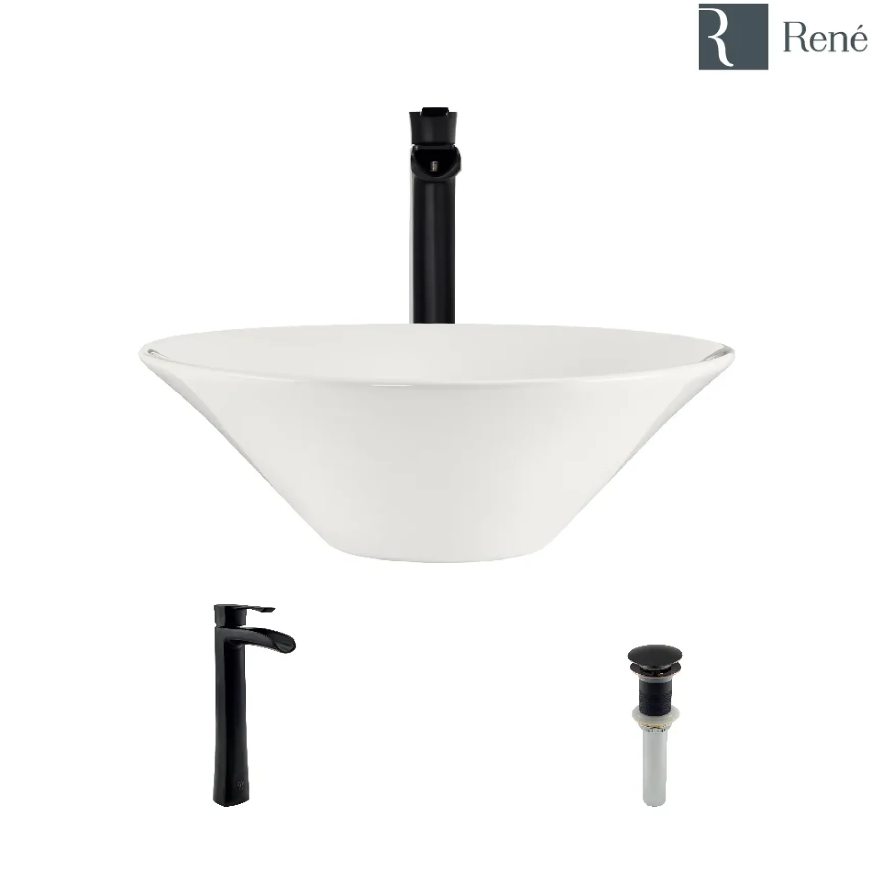 Rene 17" Round Porcelain Bathroom Sink, Biscuit, with Faucet, R2-5015-B-R9-7007-ABR