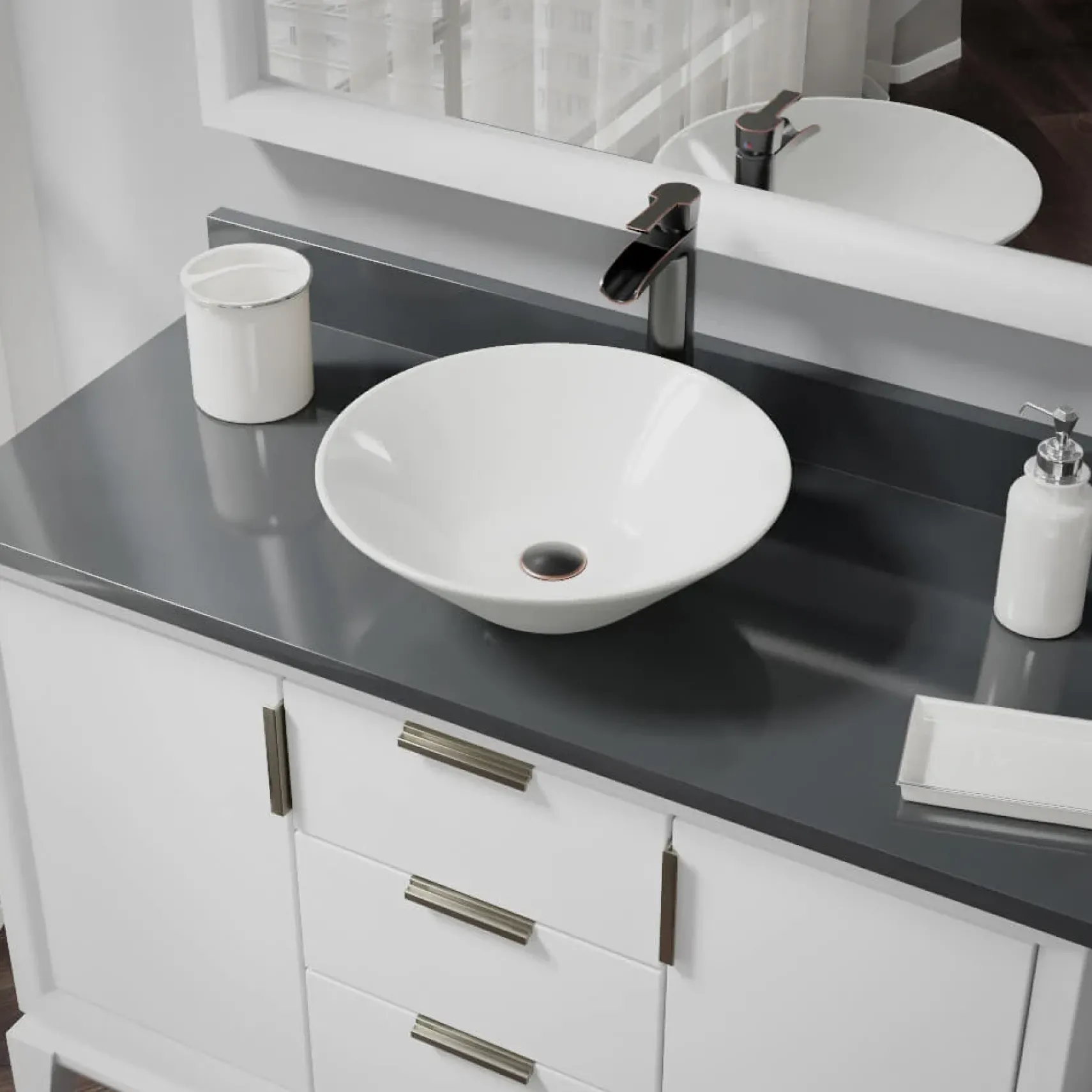 Rene 17" Round Porcelain Bathroom Sink, Biscuit, with Faucet, R2-5015-B-R9-7007-ABR