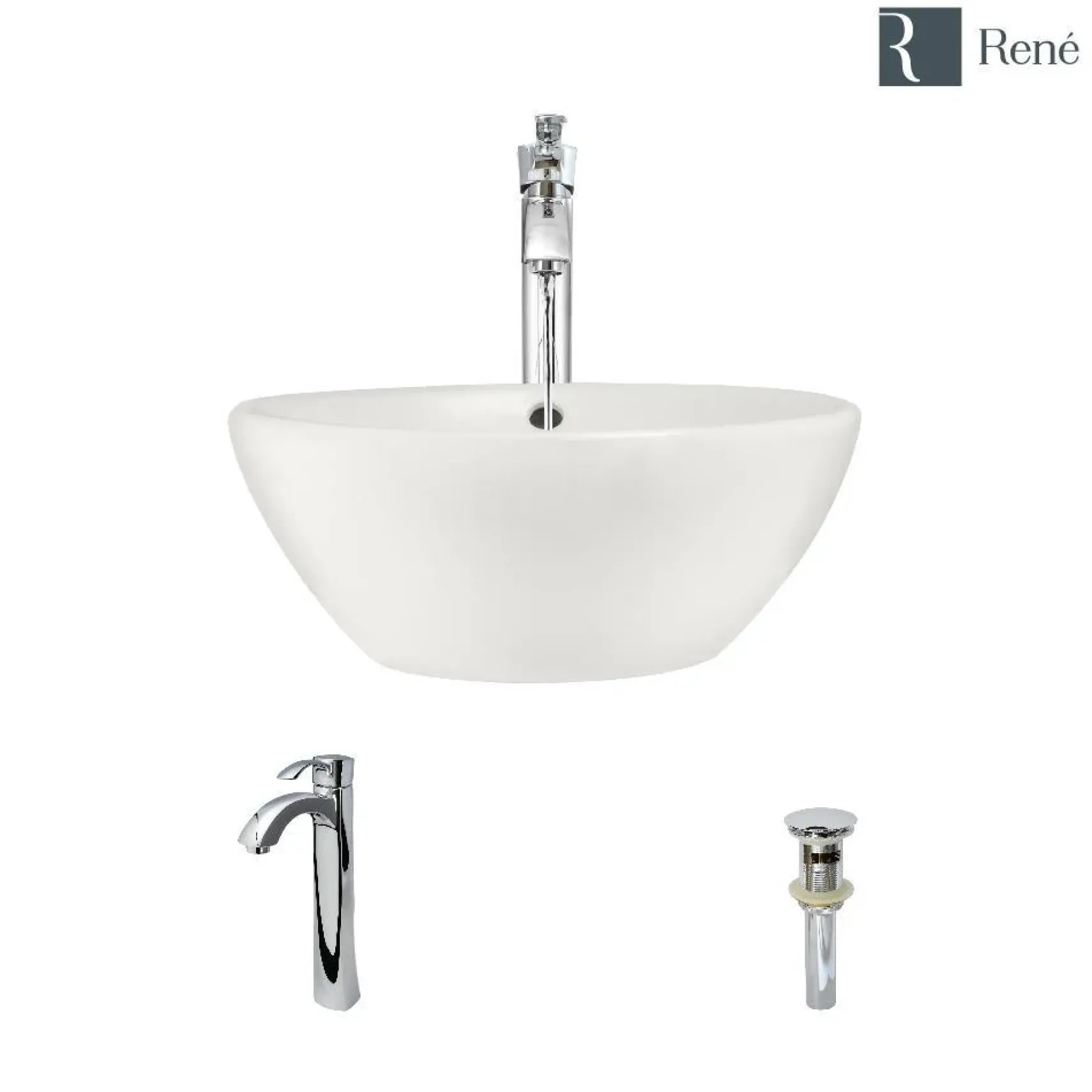 Rene 16" Round Porcelain Bathroom Sink, Biscuit, with Faucet, R2-5031-B-R9-7006-C