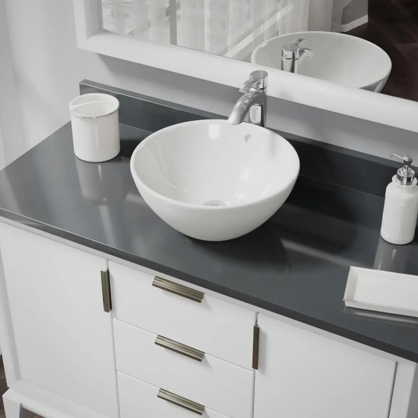 Rene 16" Round Porcelain Bathroom Sink, Biscuit, with Faucet, R2-5031-B-R9-7006-C