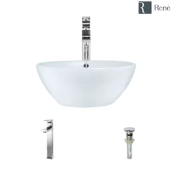 Rene 16" Round Porcelain Bathroom Sink, White, with Faucet, R2-5031-W-R9-7003-C