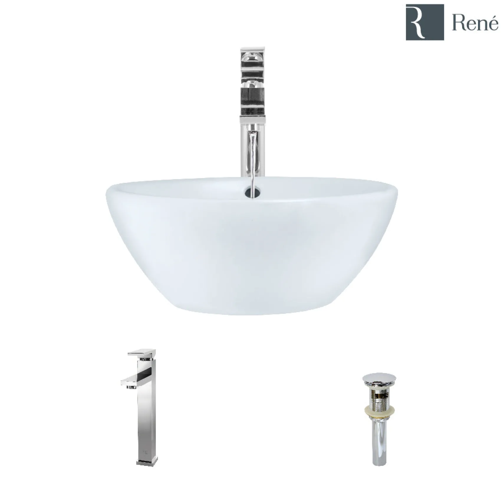 Rene 16" Round Porcelain Bathroom Sink, White, with Faucet, R2-5031-W-R9-7003-C