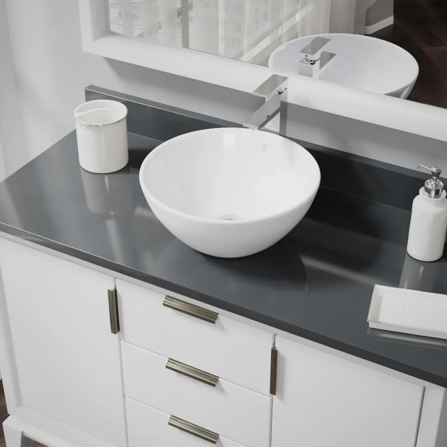 Rene 16" Round Porcelain Bathroom Sink, White, with Faucet, R2-5031-W-R9-7003-C