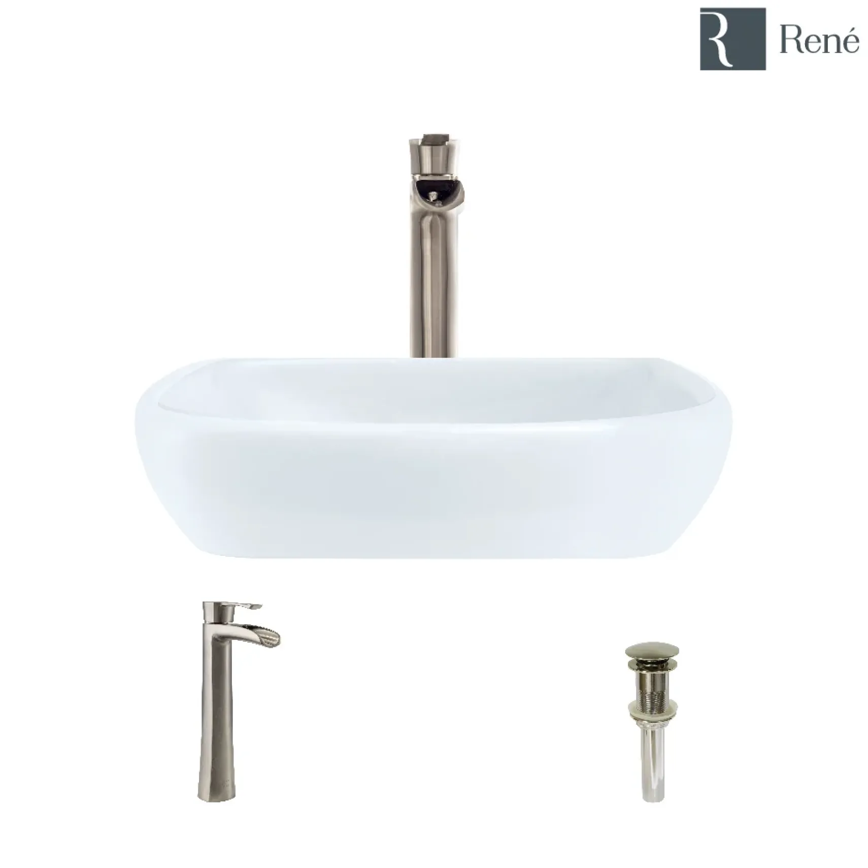 Rene 17" Round Porcelain Bathroom Sink, White, with Faucet, R2-5011-W-R9-7007-BN