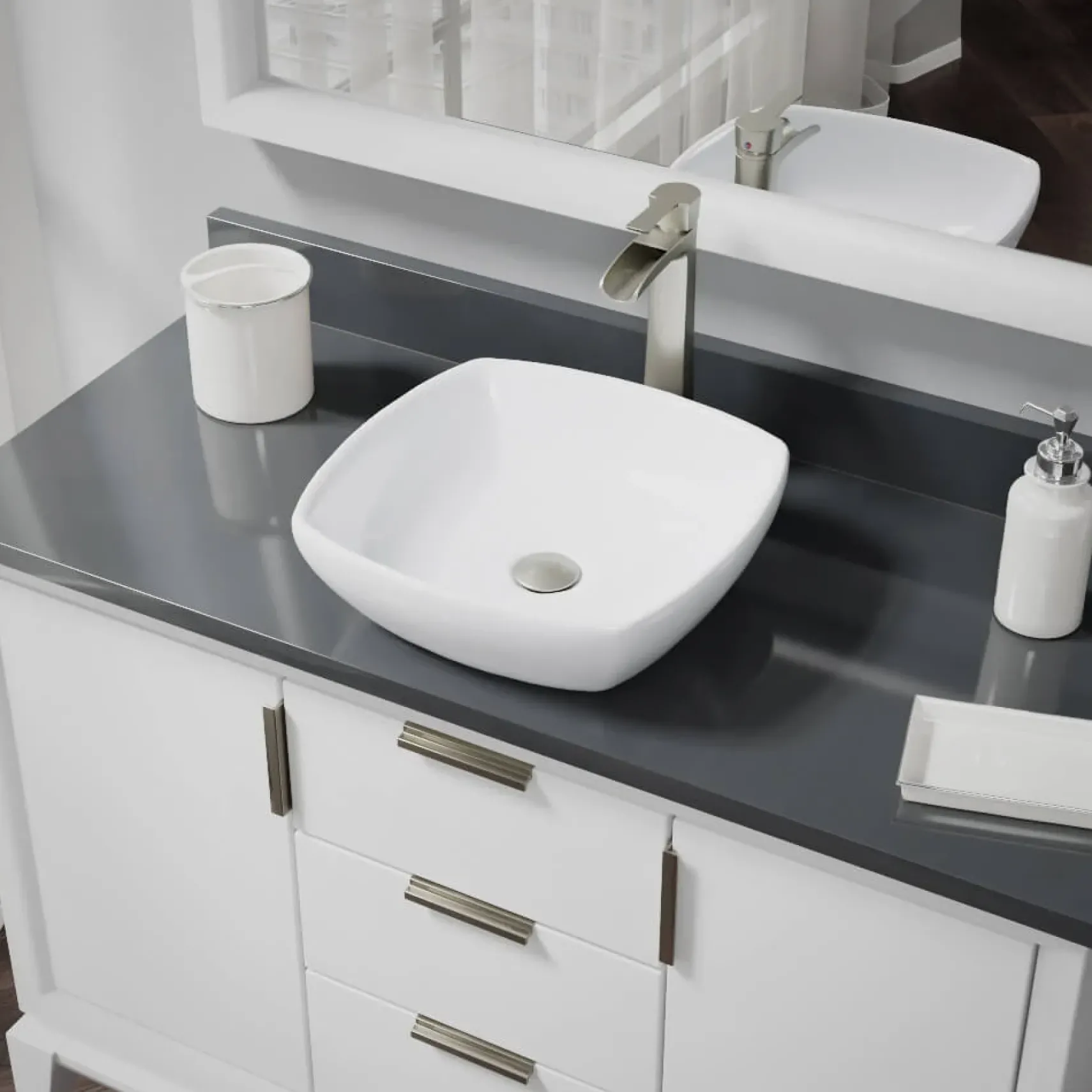 Rene 17" Round Porcelain Bathroom Sink, White, with Faucet, R2-5011-W-R9-7007-BN