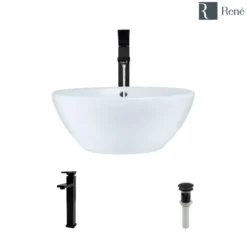 Rene 16" Round Porcelain Bathroom Sink, White, with Faucet, R2-5031-W-R9-7003-ABR