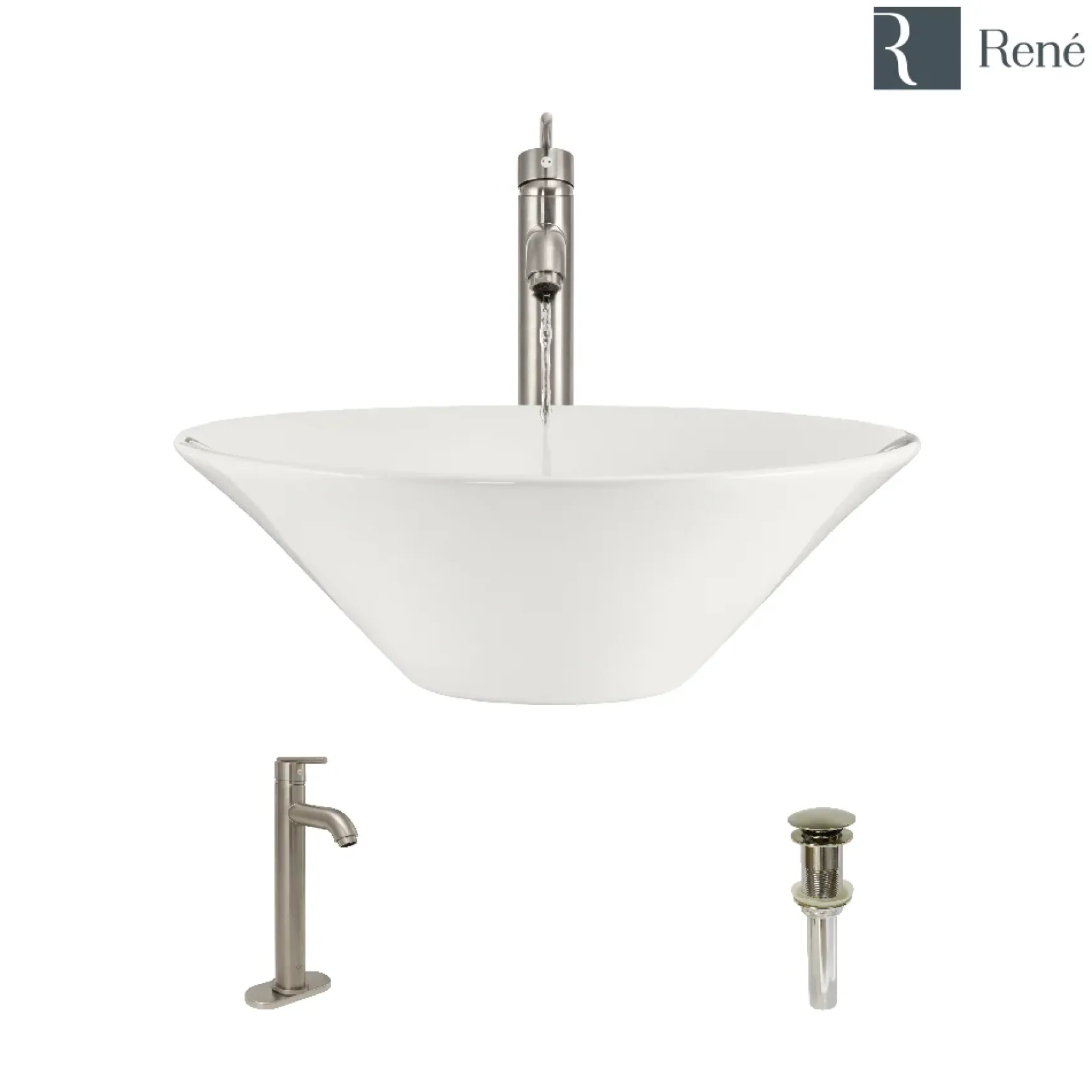 Rene 17" Round Porcelain Bathroom Sink, Biscuit, with Faucet, R2-5015-B-R9-7001-BN