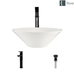 Rene 17" Round Porcelain Bathroom Sink, Biscuit, with Faucet, R2-5015-B-R9-7003-ABR