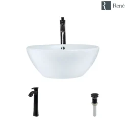 Rene 16" Round Porcelain Bathroom Sink, White, with Faucet, R2-5031-W-R9-7006-ABR