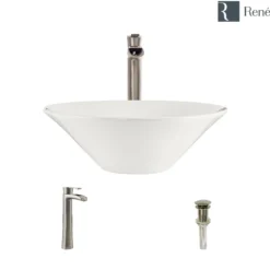 Rene 17" Round Porcelain Bathroom Sink, Biscuit, with Faucet, R2-5015-B-R9-7007-BN