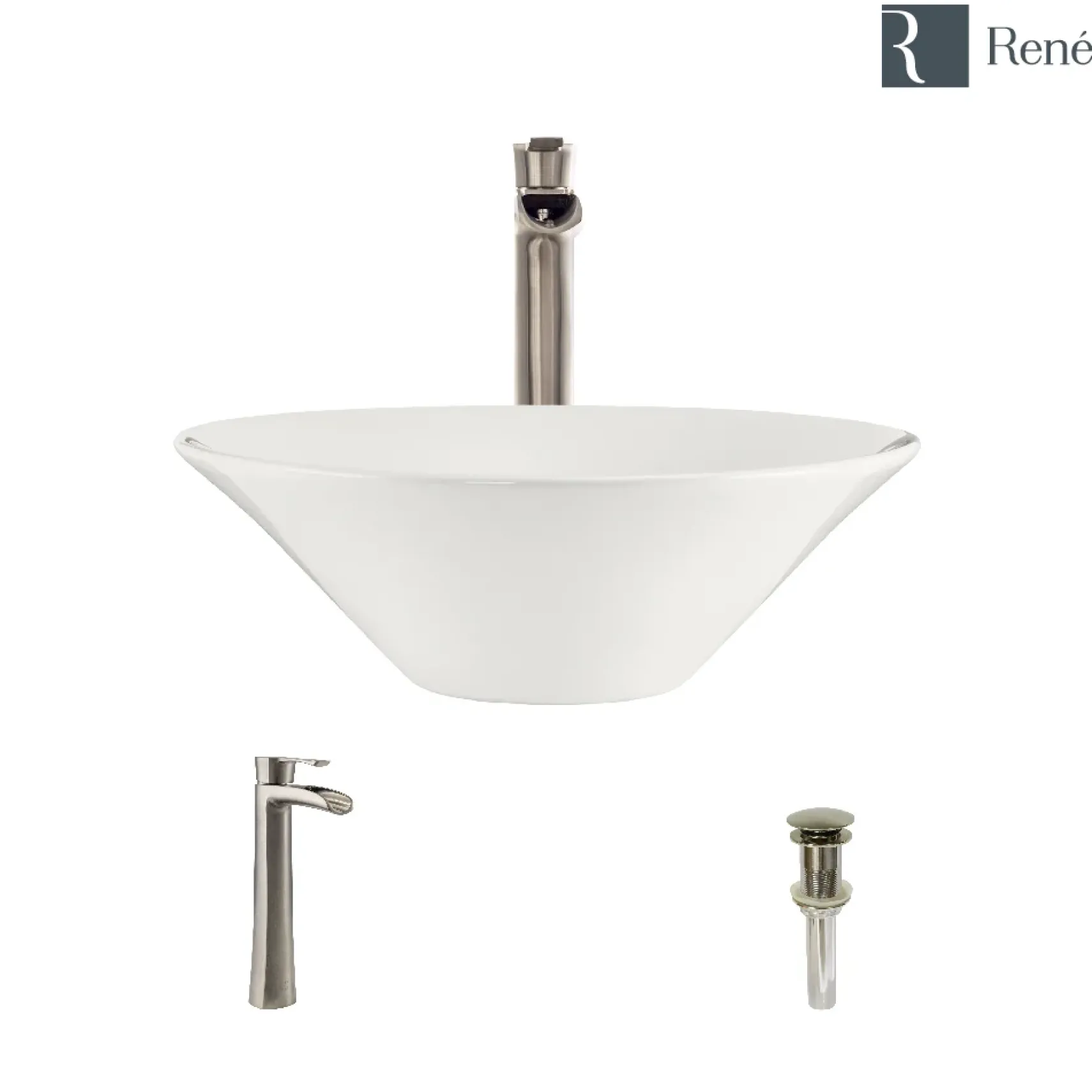 Rene 17" Round Porcelain Bathroom Sink, Biscuit, with Faucet, R2-5015-B-R9-7007-BN