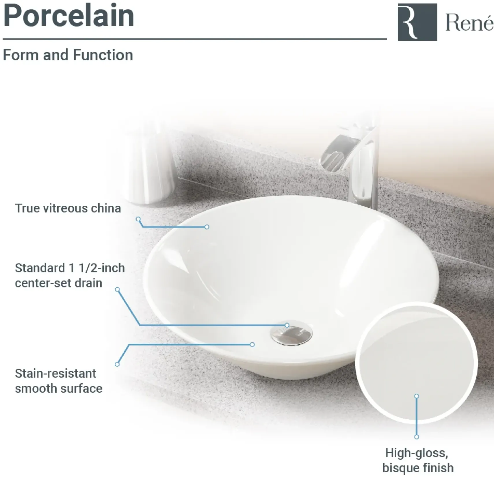 Rene 17" Round Porcelain Bathroom Sink, Biscuit, with Faucet, R2-5015-B-R9-7007-BN
