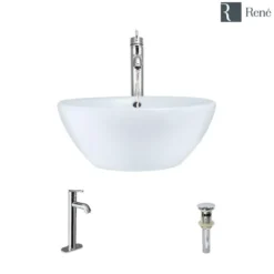 Rene 16" Round Porcelain Bathroom Sink, White, with Faucet, R2-5031-W-R9-7001-C