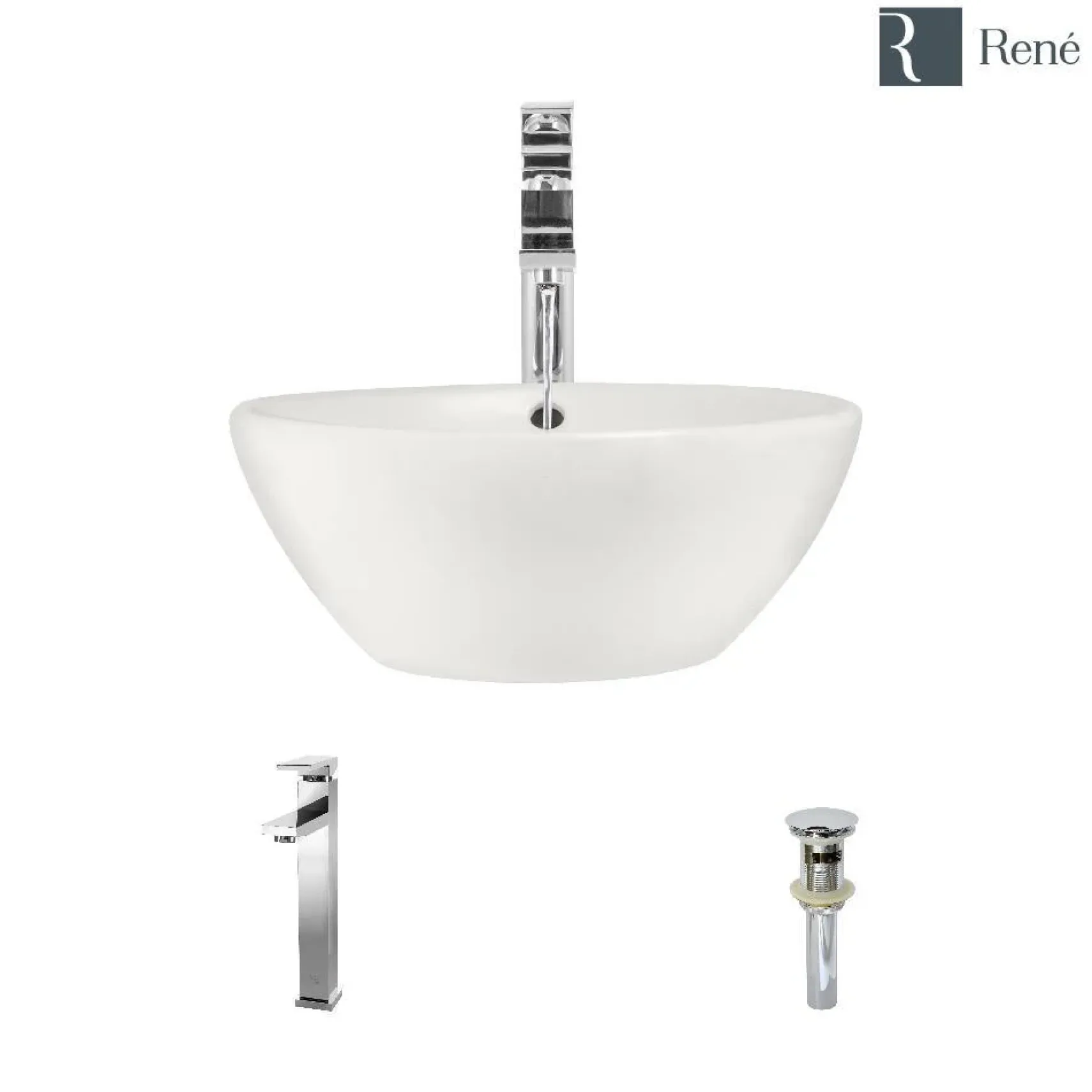 Rene 16" Round Porcelain Bathroom Sink, Biscuit, with Faucet, R2-5031-B-R9-7003-C