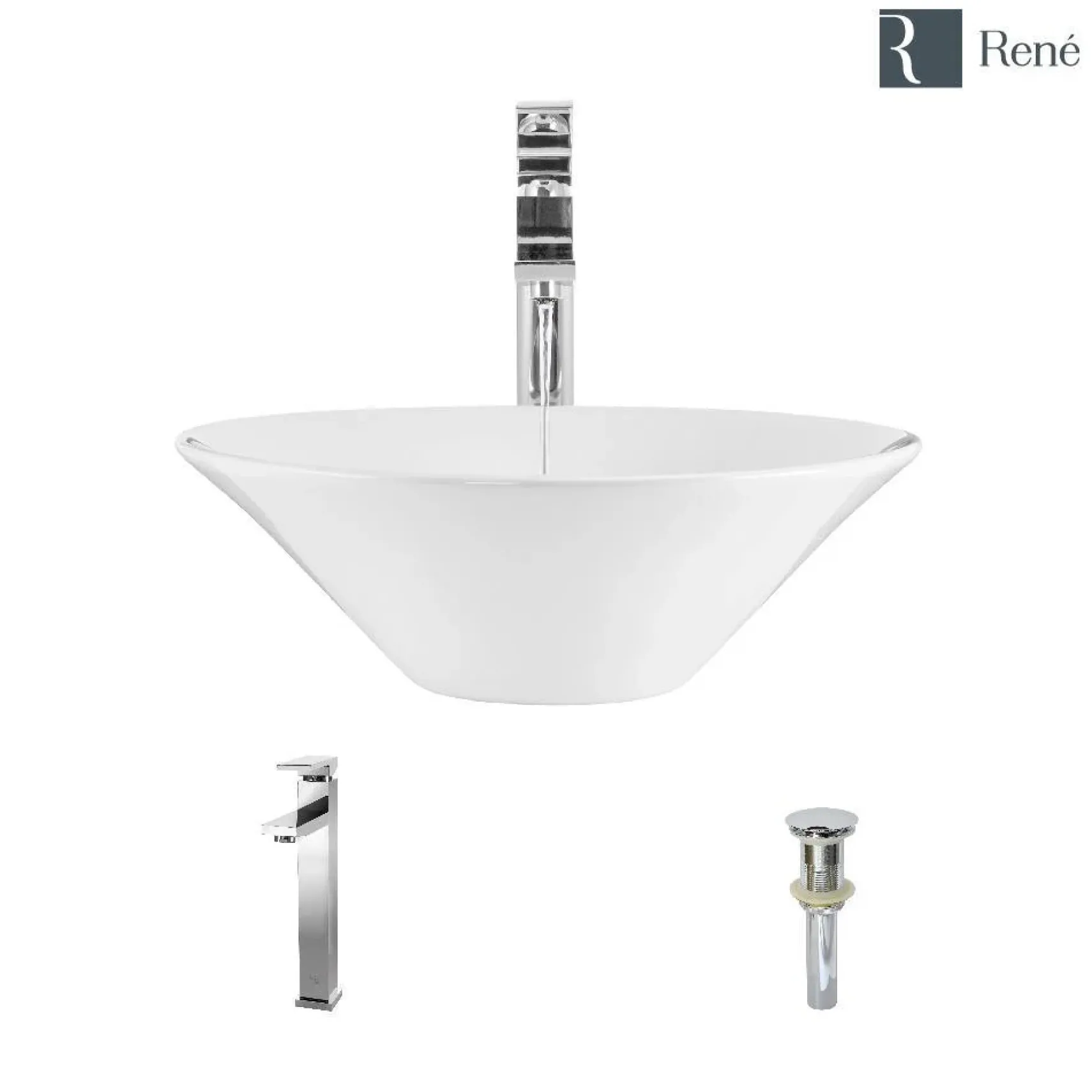 Rene 17" Round Porcelain Bathroom Sink, White, with Faucet, R2-5015-W-R9-7003-C