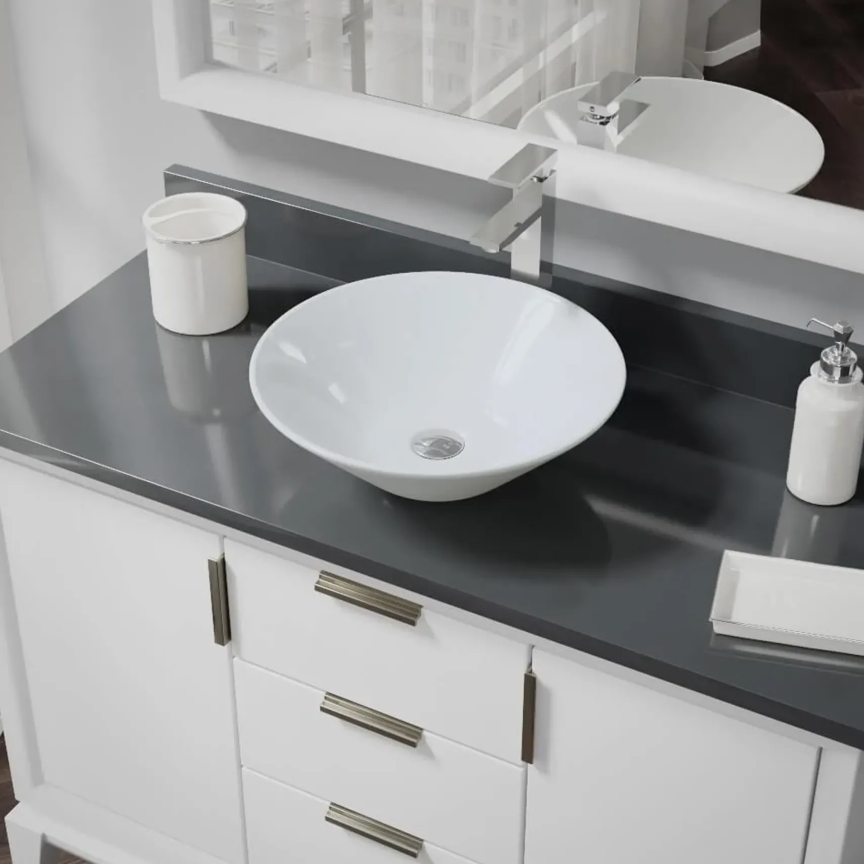 Rene 17" Round Porcelain Bathroom Sink, White, with Faucet, R2-5015-W-R9-7003-C