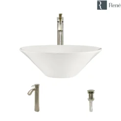 Rene 17" Round Porcelain Bathroom Sink, Biscuit, with Faucet, R2-5015-B-R9-7006-BN