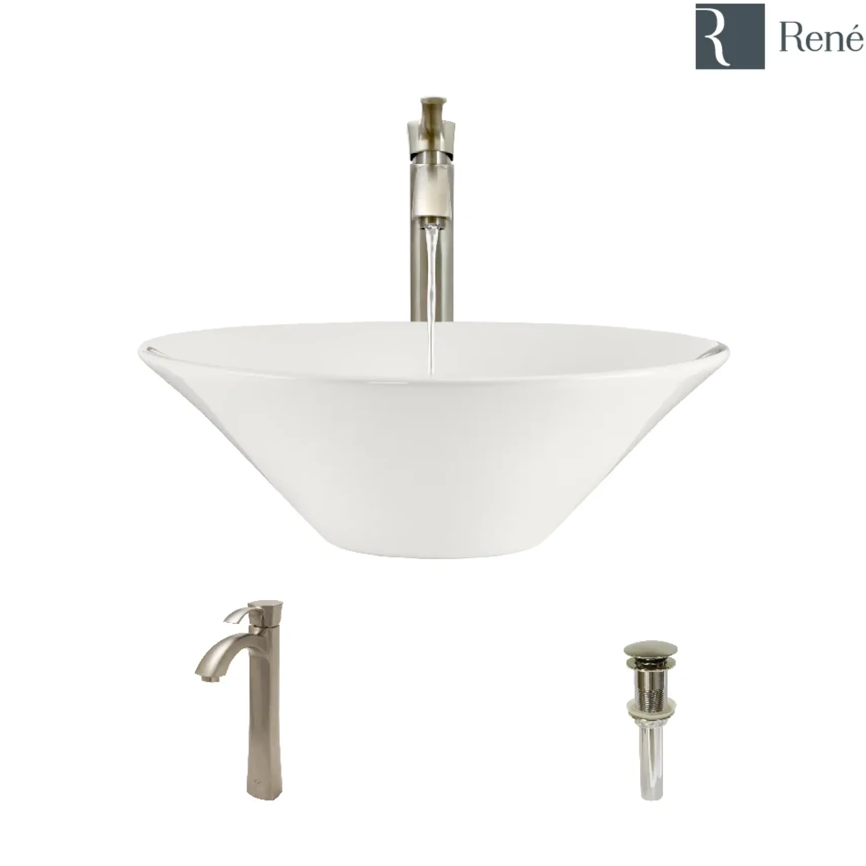 Rene 17" Round Porcelain Bathroom Sink, Biscuit, with Faucet, R2-5015-B-R9-7006-BN