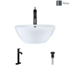 Rene 16" Round Porcelain Bathroom Sink, White, with Faucet, R2-5031-W-R9-7001-ABR