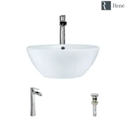 Rene 16" Round Porcelain Bathroom Sink, White, with Faucet, R2-5031-W-R9-7007-C