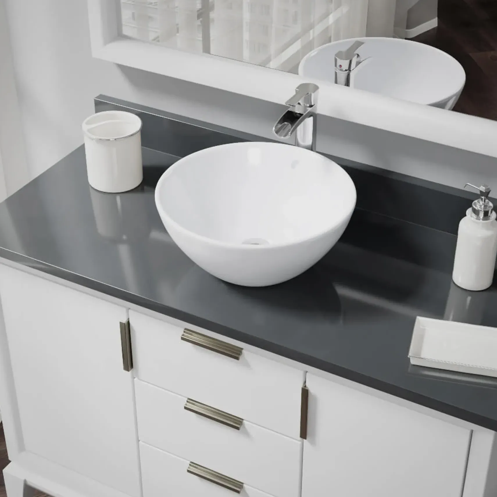 Rene 16" Round Porcelain Bathroom Sink, White, with Faucet, R2-5031-W-R9-7007-C