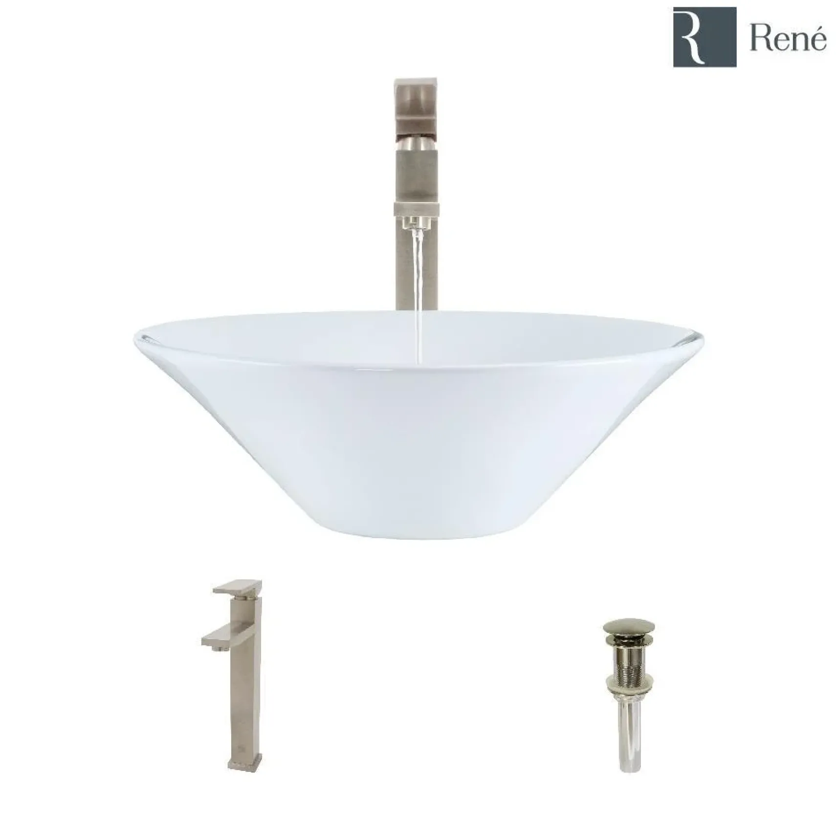 Rene 17" Round Porcelain Bathroom Sink, White, with Faucet, R2-5015-W-R9-7003-BN
