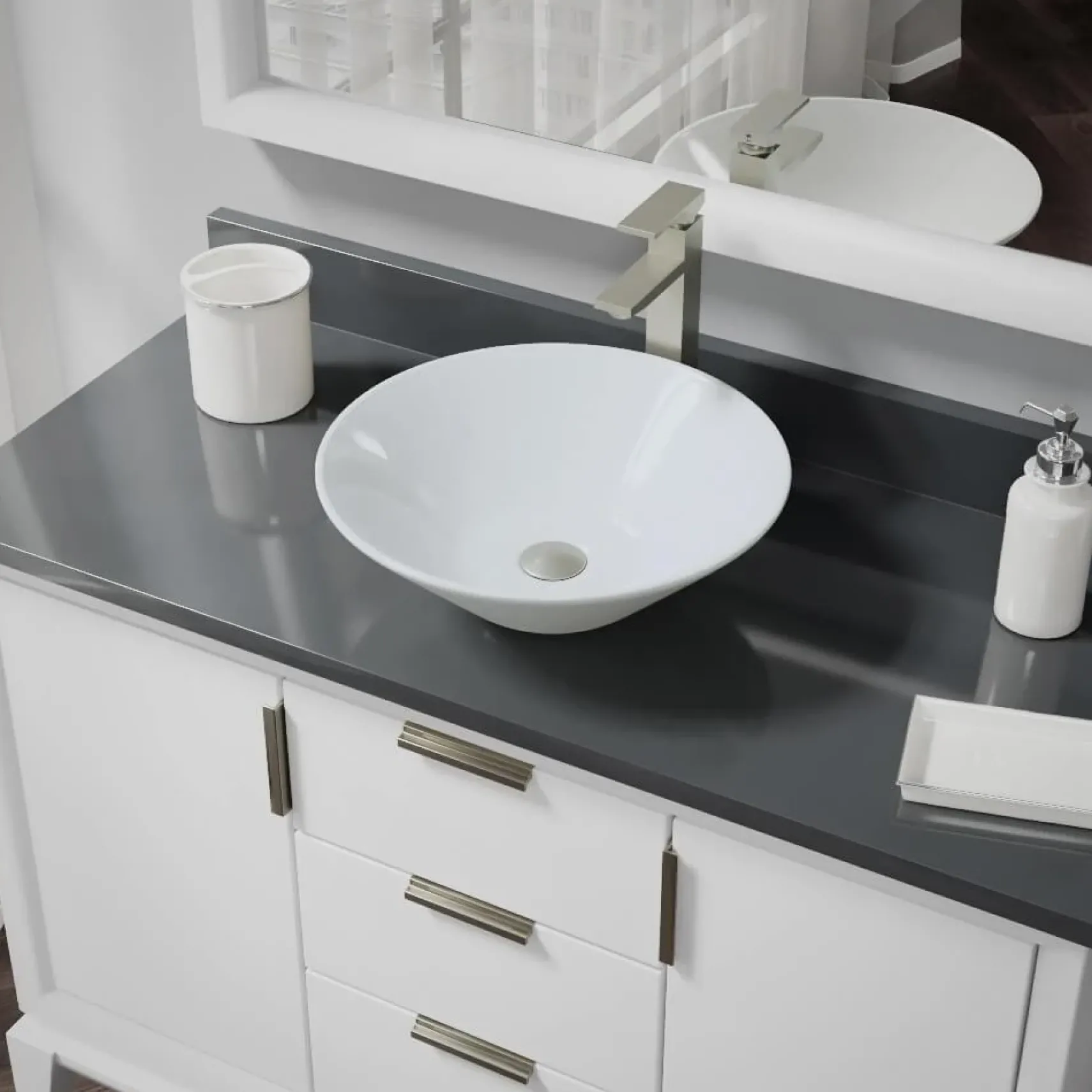 Rene 17" Round Porcelain Bathroom Sink, White, with Faucet, R2-5015-W-R9-7003-BN