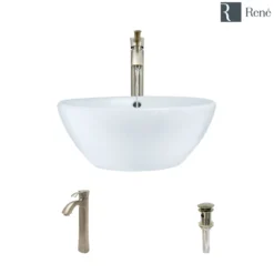 Rene 16" Round Porcelain Bathroom Sink, White, with Faucet, R2-5031-W-R9-7006-BN