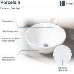 Rene 16" Round Porcelain Bathroom Sink, White, with Faucet, R2-5031-W-R9-7006-BN