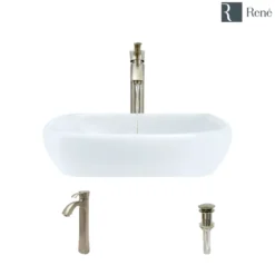 Rene 17" Round Porcelain Bathroom Sink, White, with Faucet, R2-5011-W-R9-7006-BN