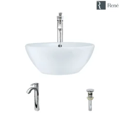 Rene 16" Round Porcelain Bathroom Sink, White, with Faucet, R2-5031-W-R9-7006-C