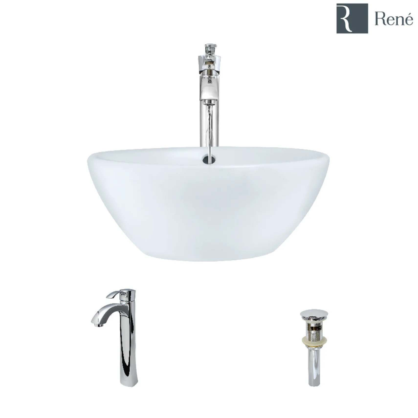 Rene 16" Round Porcelain Bathroom Sink, White, with Faucet, R2-5031-W-R9-7006-C