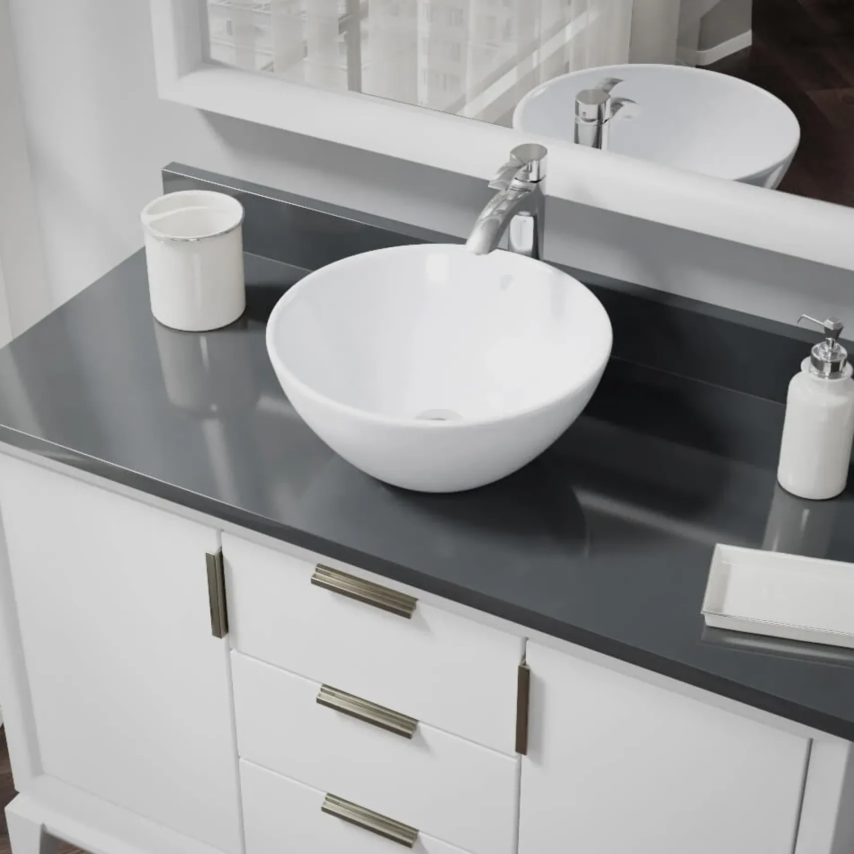 Rene 16" Round Porcelain Bathroom Sink, White, with Faucet, R2-5031-W-R9-7006-C