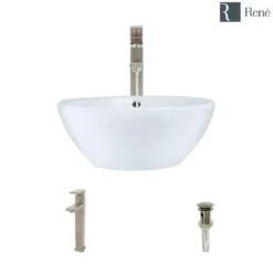 Rene 16" Round Porcelain Bathroom Sink, White, with Faucet, R2-5031-W-R9-7003-BN