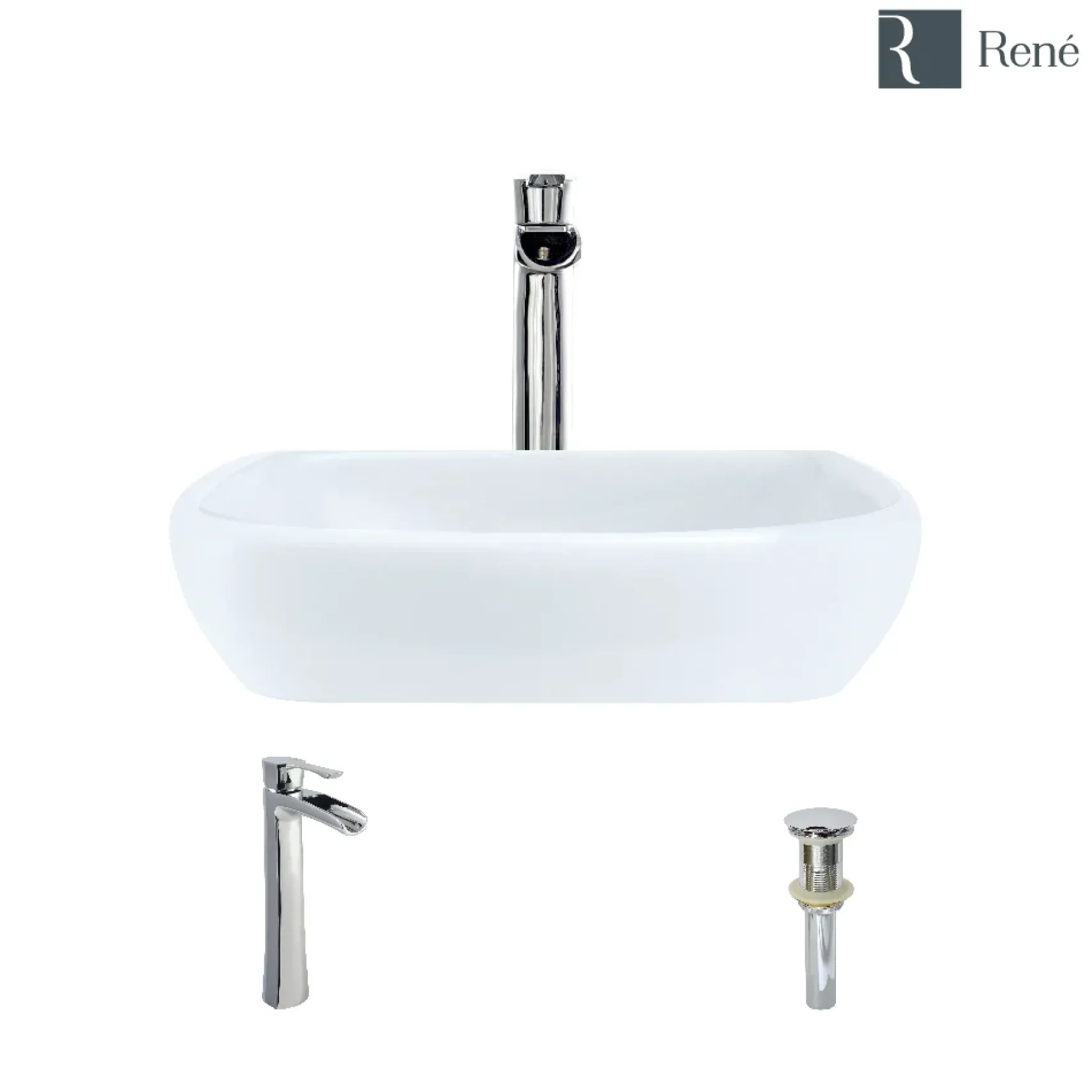 Rene 17" Round Porcelain Bathroom Sink, White, with Faucet, R2-5011-W-R9-7007-C