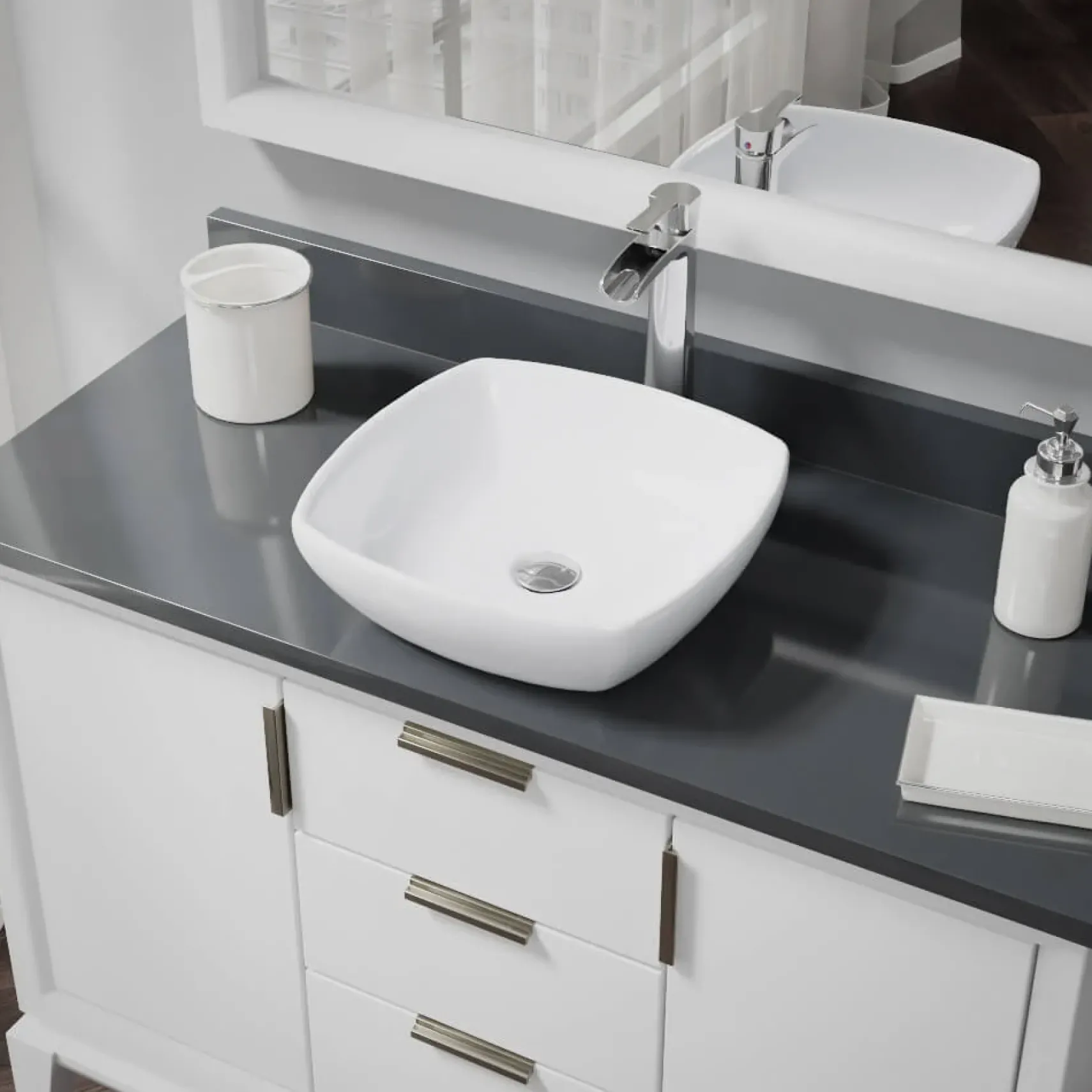 Rene 17" Round Porcelain Bathroom Sink, White, with Faucet, R2-5011-W-R9-7007-C
