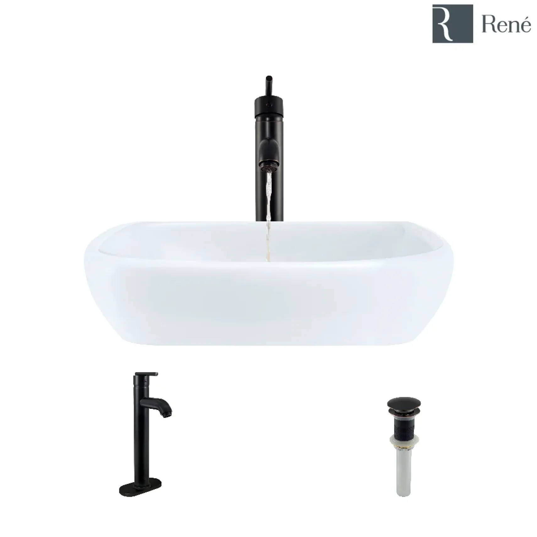 Rene 17" Round Porcelain Bathroom Sink, White, with Faucet, R2-5011-W-R9-7001-ABR