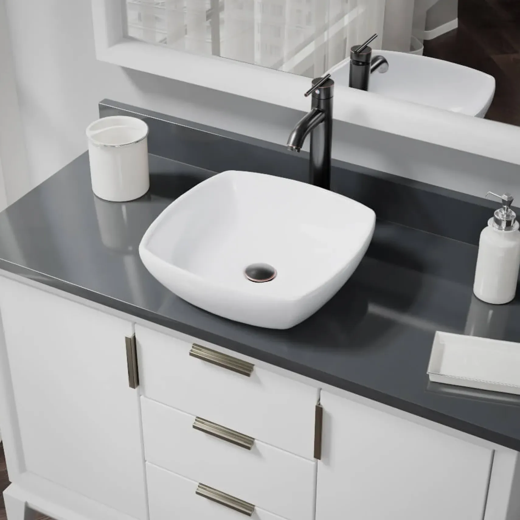 Rene 17" Round Porcelain Bathroom Sink, White, with Faucet, R2-5011-W-R9-7001-ABR